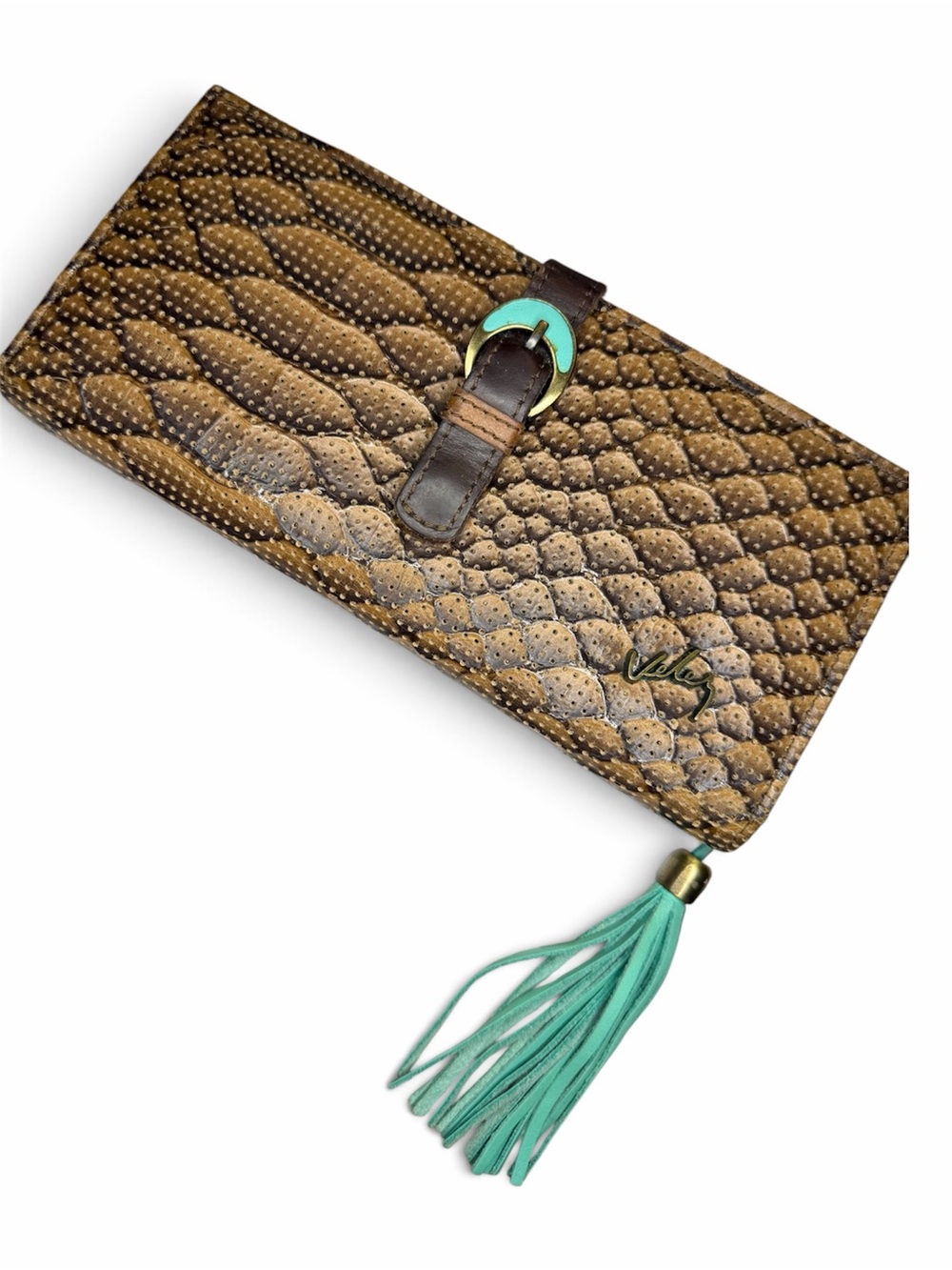 Velez Snakeskin-Pattern Brown Clutch with Turquoise Tassel